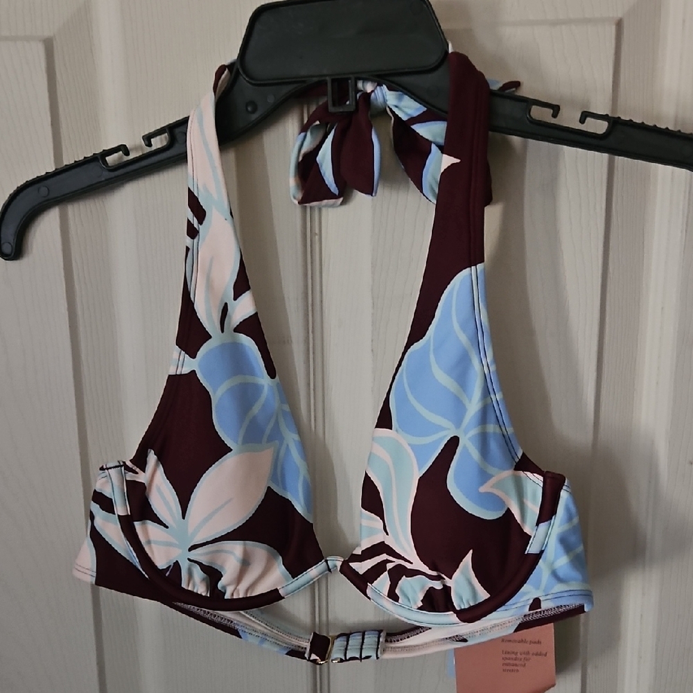 SHADE & SHORE TROPICAL BIKINI TOP: BURGUNDY: NEW WITH TAGS: SIZE 34B
